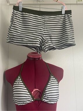 Striped Green Triangle Halter Bikini Top with Matching Cheeky Shortie Bottoms